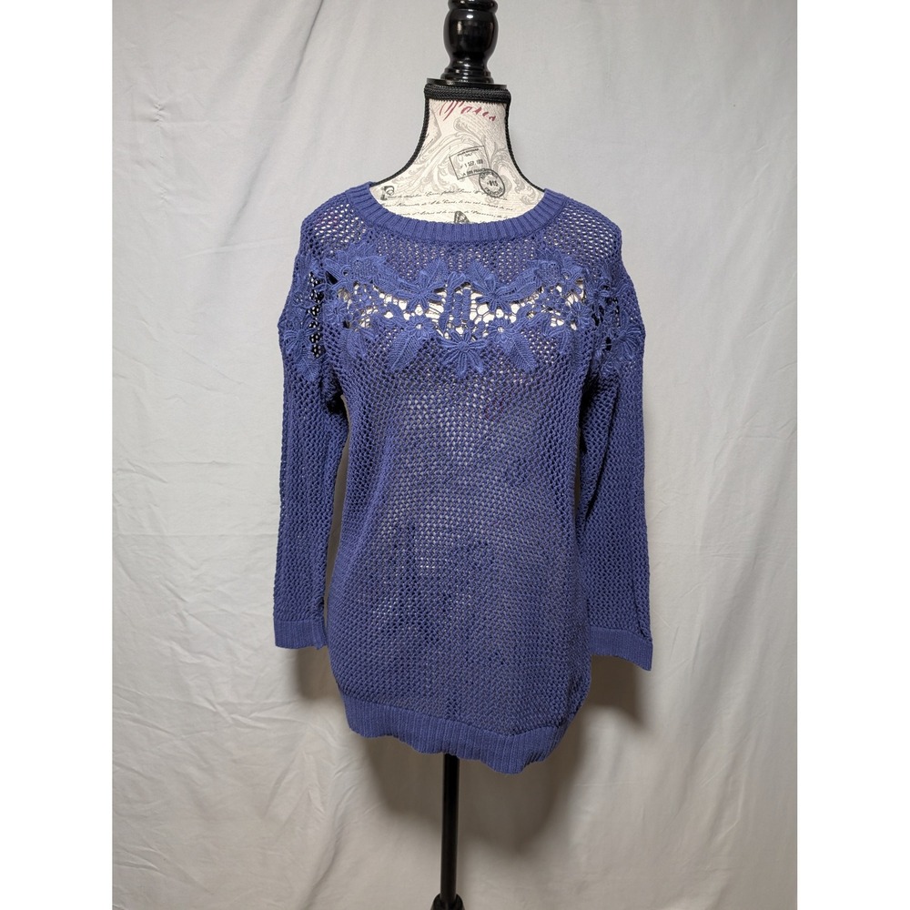 Lauren Conrad Blue Open Knit Crochet‎ Cotton Sweater Stitched Floral Lace Large